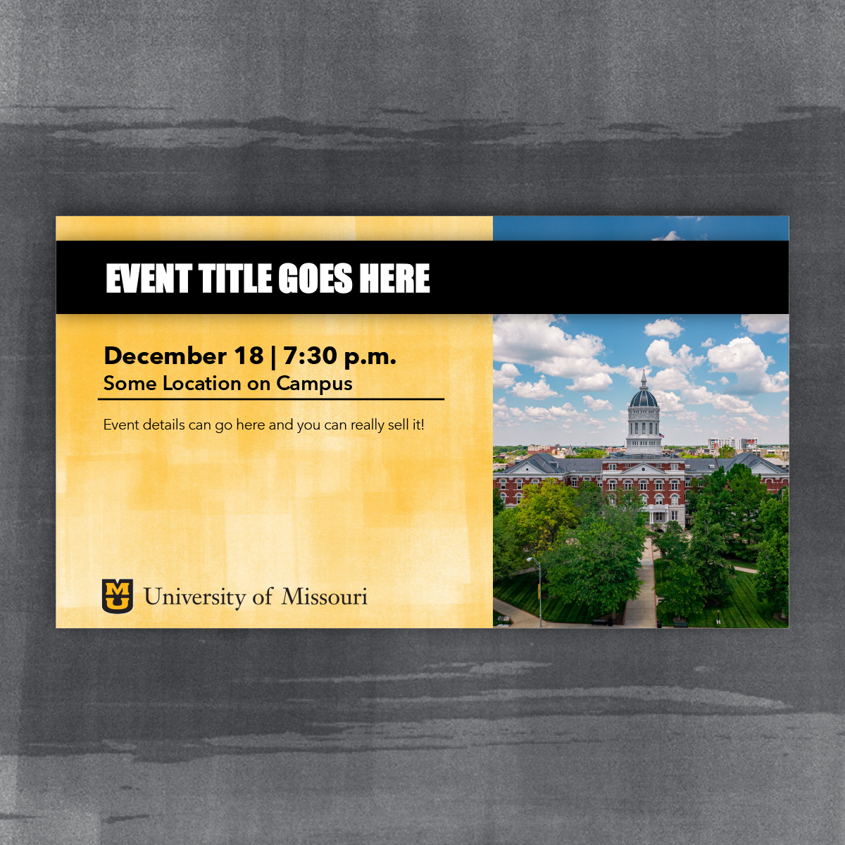 Horizontal LED Template-Event Announcement with Gold background, black header bar, and photo