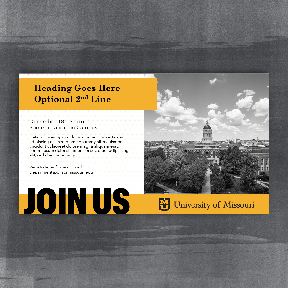 Event Announcement with large JOIN US text and a black and white image of Jesse Hall