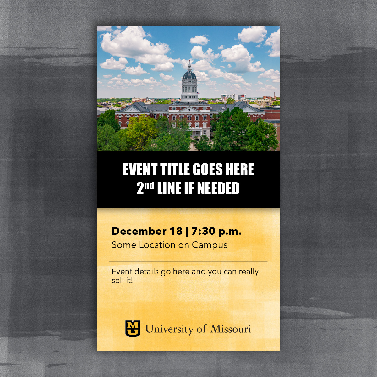Vertical LED Template-Event Announcement with Gold background, black header bar, and photo