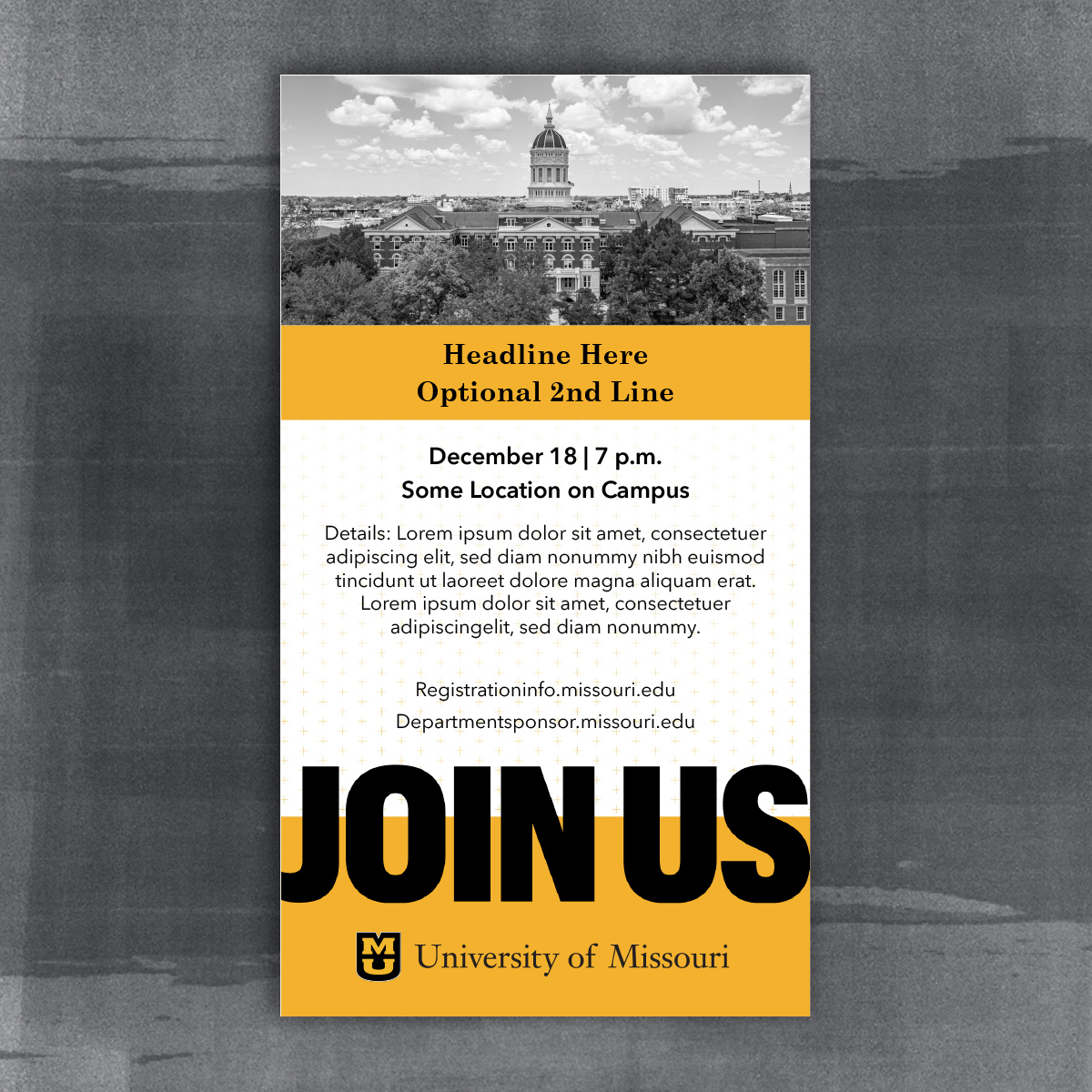 Vertical Event Announcement with large JOIN US text and a black and white image of Jesse Hall