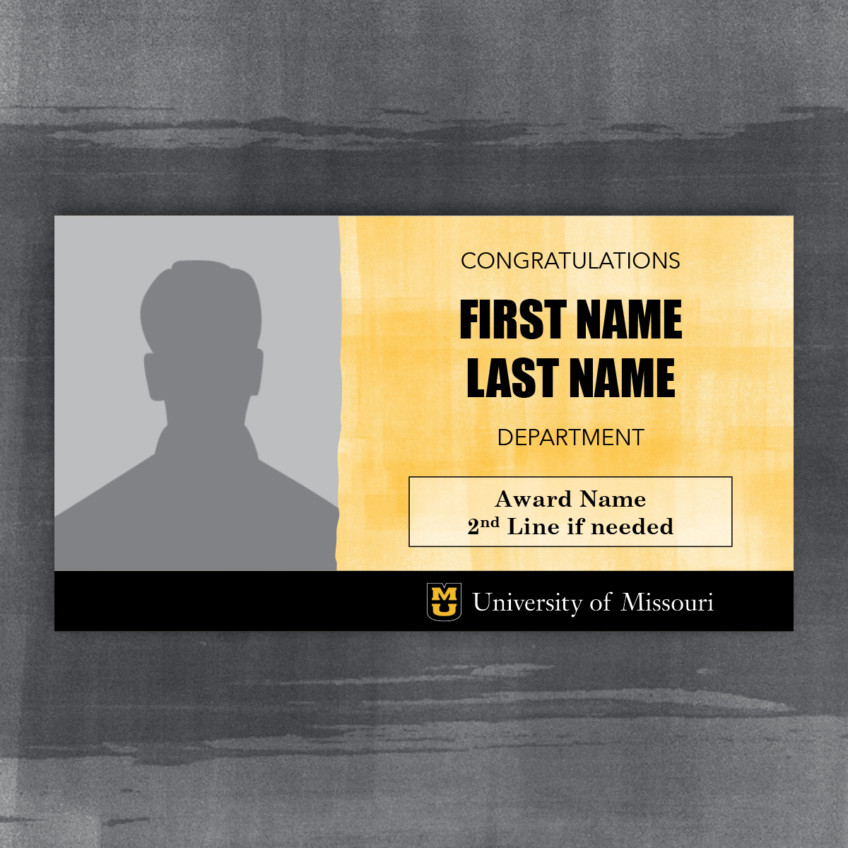 Congratulations slide with portrait separated by a page tear, black footer and gold background