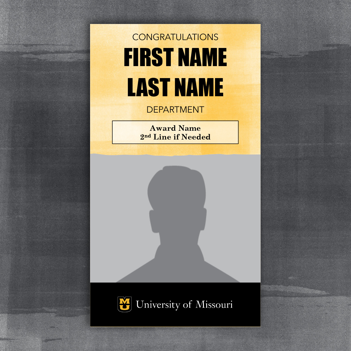 Vertical congratulations slide with portrait separated by a page tear, black footer and gold background