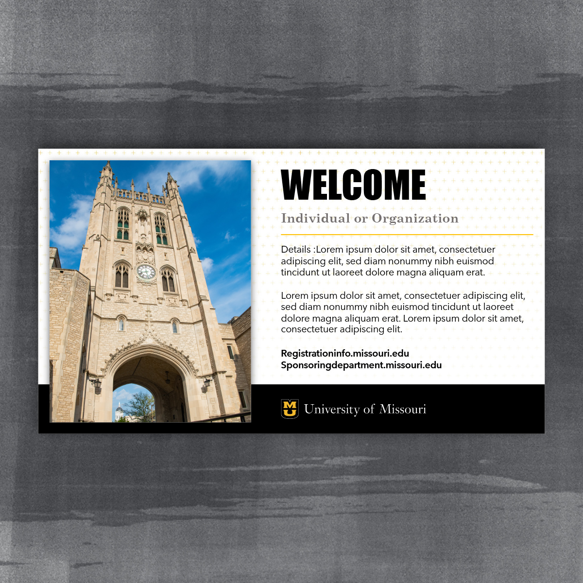 Welcome LED with photo on the left side. Gold plus background and black footer