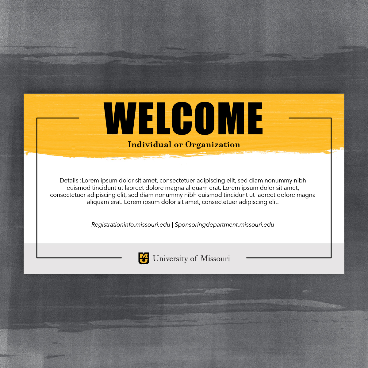 Welcome LED with gold paint stroke header, grey footer and black line frame