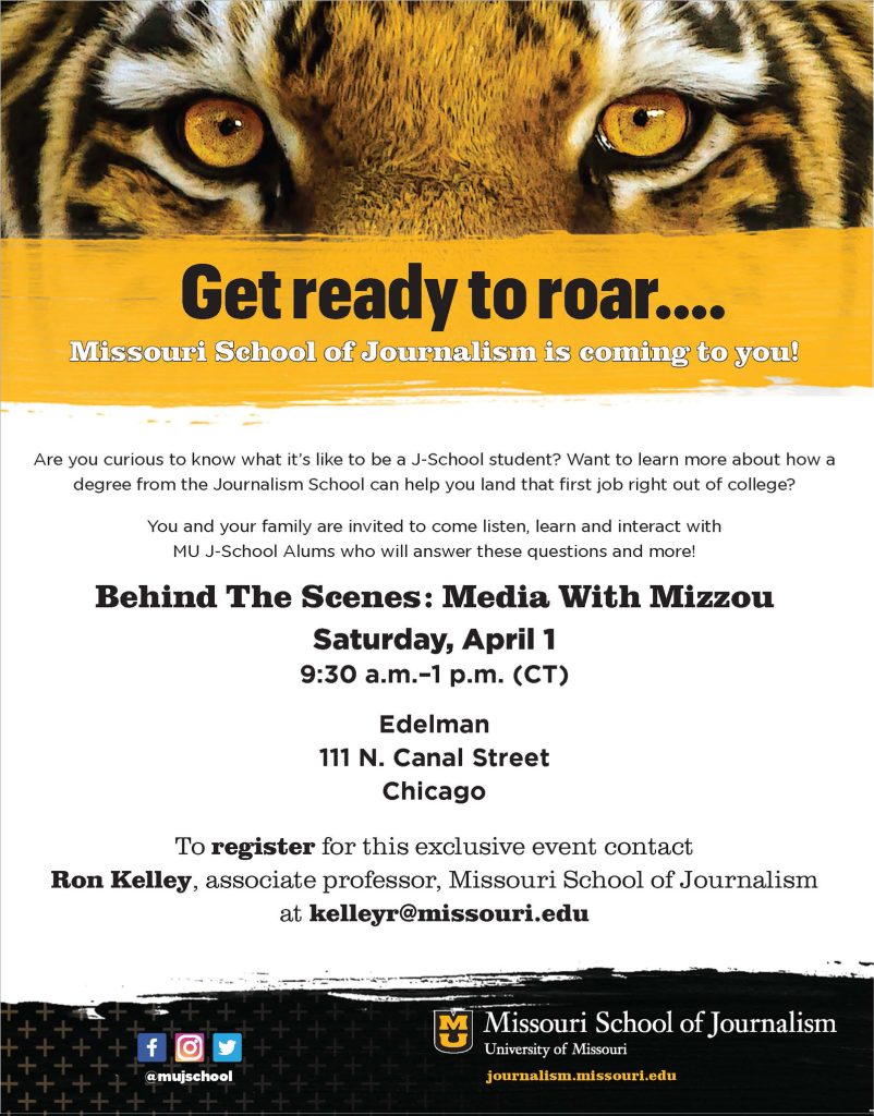 Poster with a close up of tiger eyes for the School of Journalism