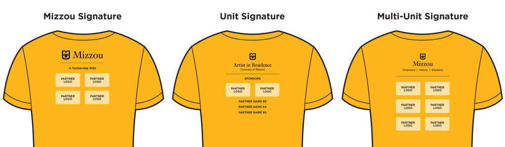 Examples of external and internal co-branding lockups on t-shirts.