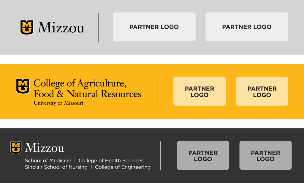 Examples of external co-branding lockups of a signature and partner logos.