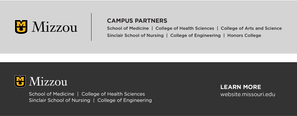 Two examples of internal co-branding, locking up the Mizzou signature with participating units in text.