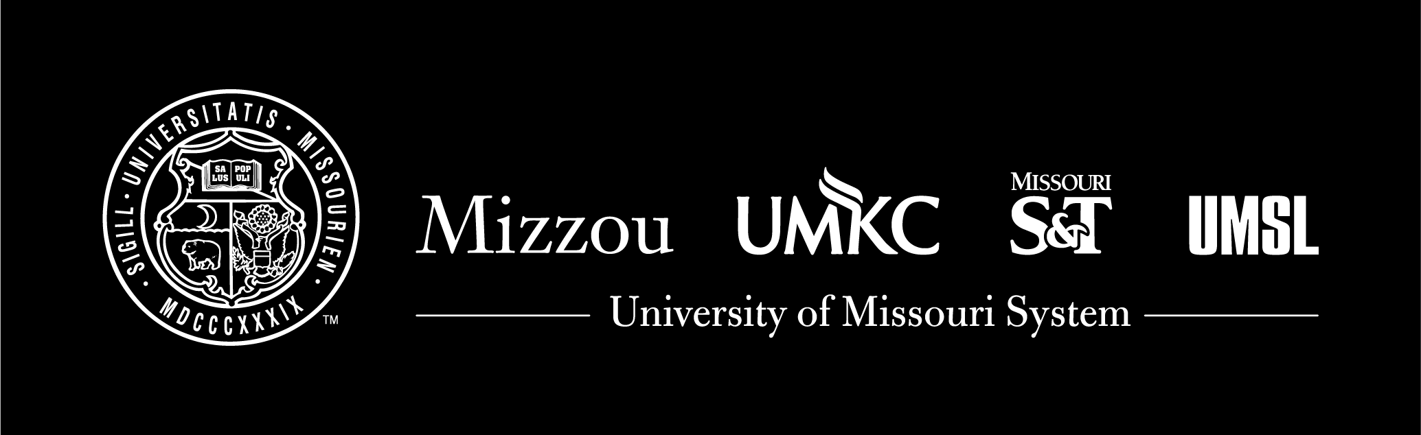 All white, horizontal UM System logo lockup with the UM Seal to the left of all four campus logos on a black background