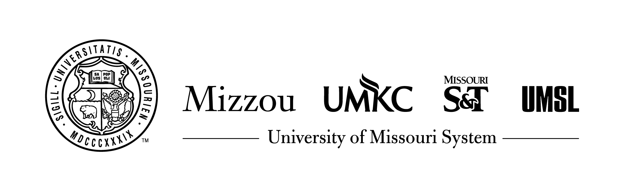 All black, horizontal UM System logo lockup with the UM Seal to the left of all four campus logos on light background.