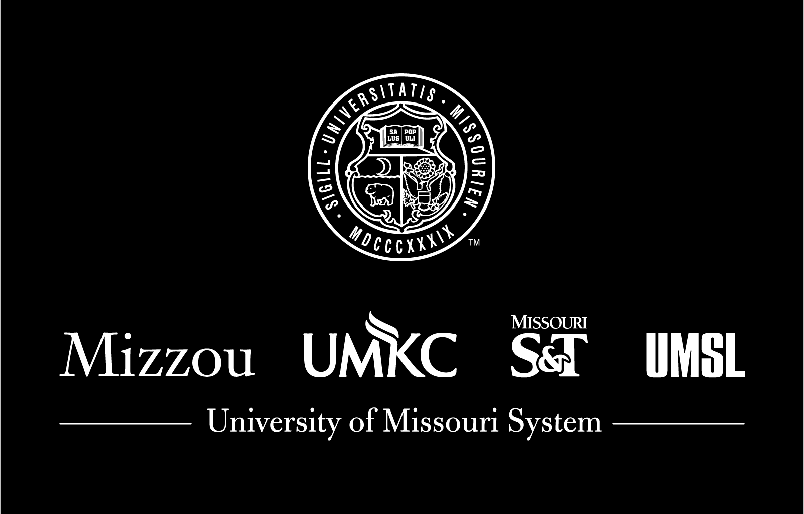 All white, vertical UM System logo lockup with the UM Seal above all four campus logos on black background.