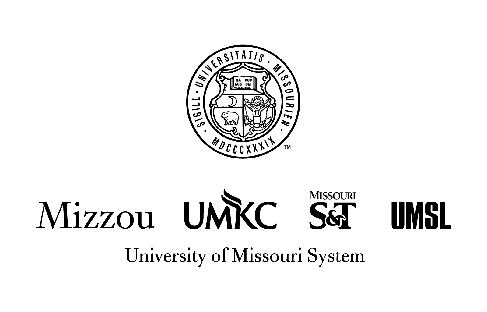 All black, vertical UM System logo lockup with the UM Seal above all four campus logos on light background.