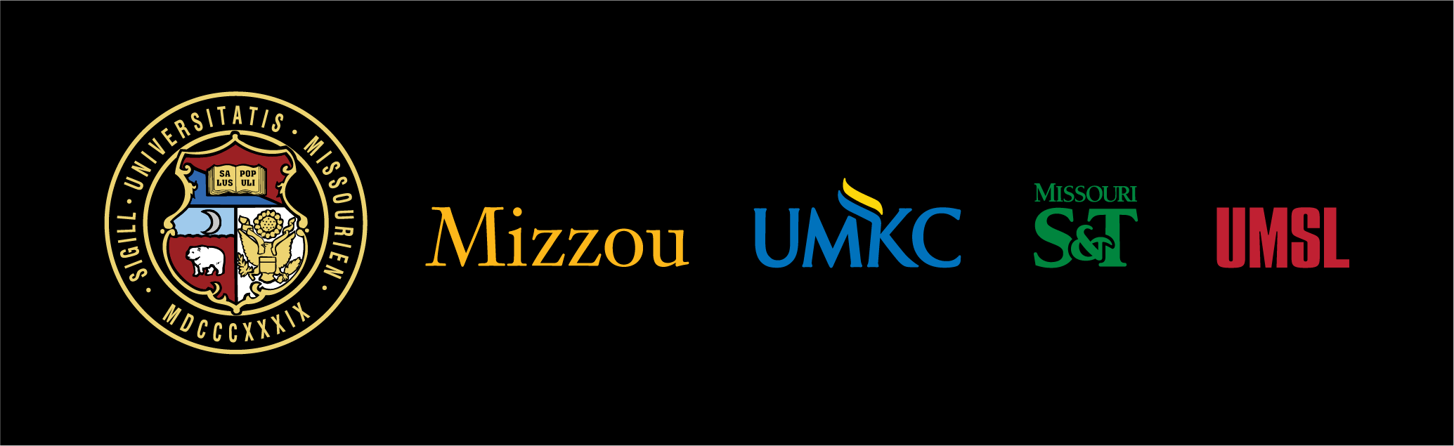 Horizontal UM System logo lockup without "University of Missouri System" text on dark background.