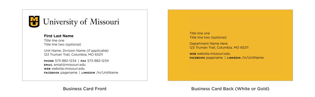 Front and back example of the Mizzou business card.