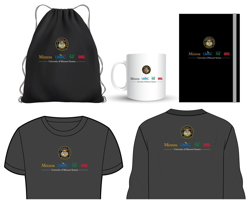 UM System logo lockup on a selection of product including drawstring bag, cup, journal, and shirt.