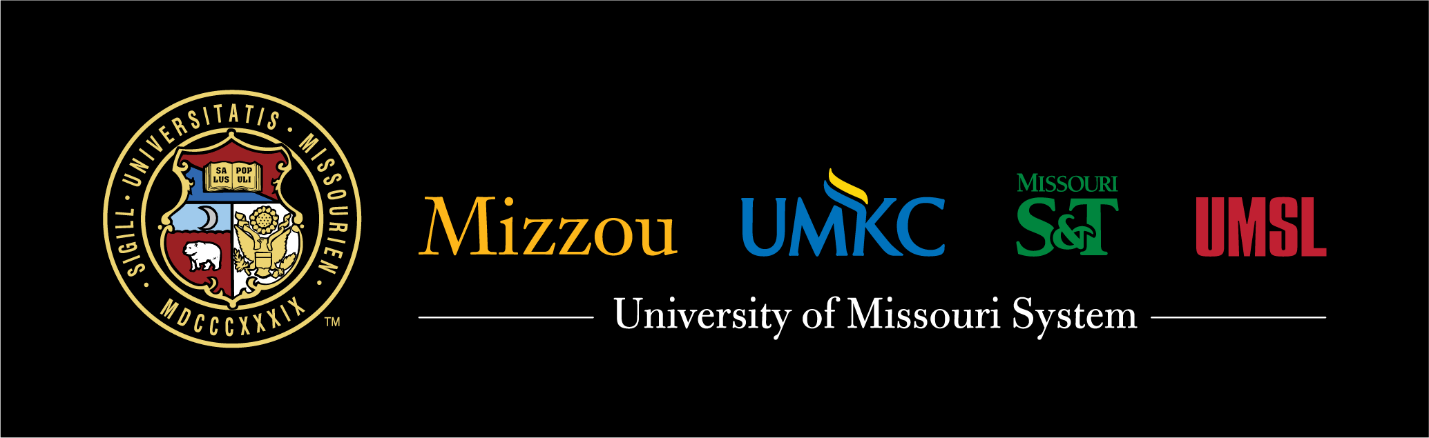 Horizontal UM System logo lockup with the UM Seal to the left of all four campus logos on dark background.