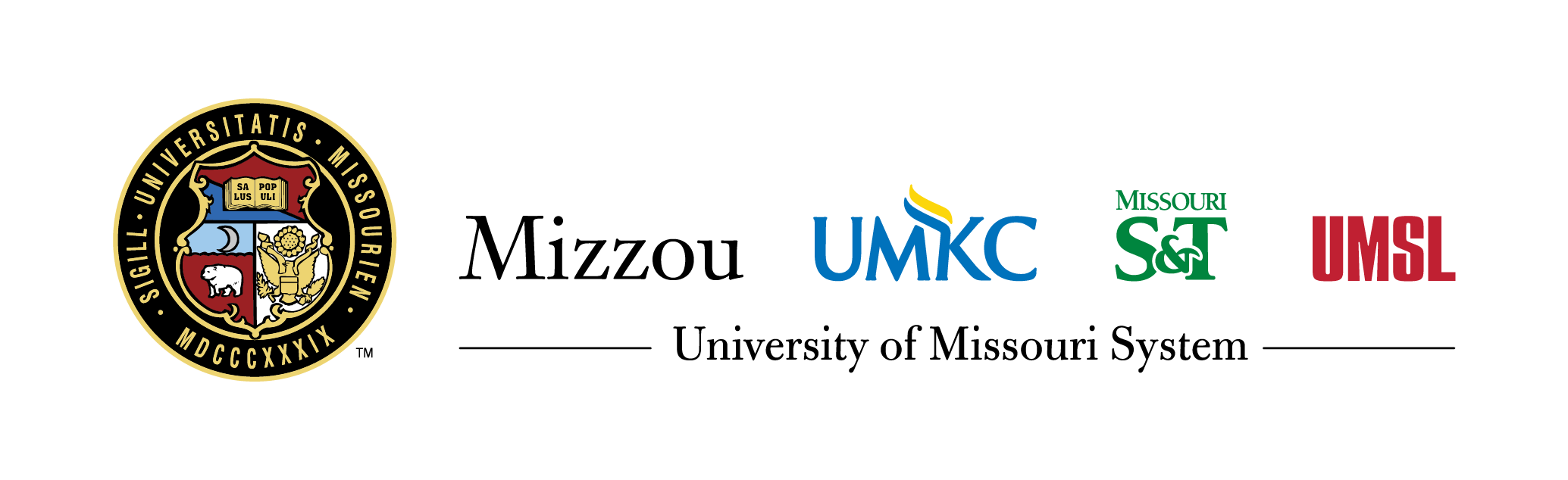 Horizontal UM System logo lockup with the UM Seal to the left of all four campus logos on light background.