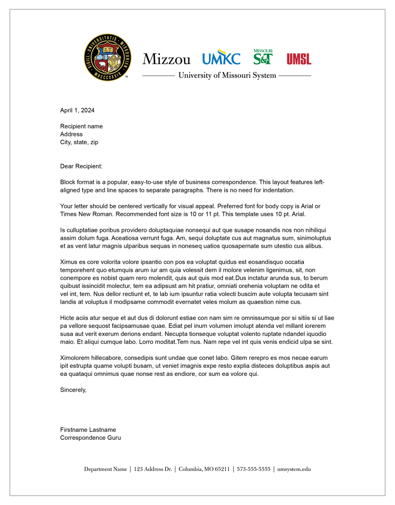 Letterhead with UM System logo lockup centered at top and department information at bottom.