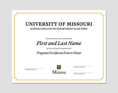 Horizontal certificate template with gold border and vertical signature centered in the footer.