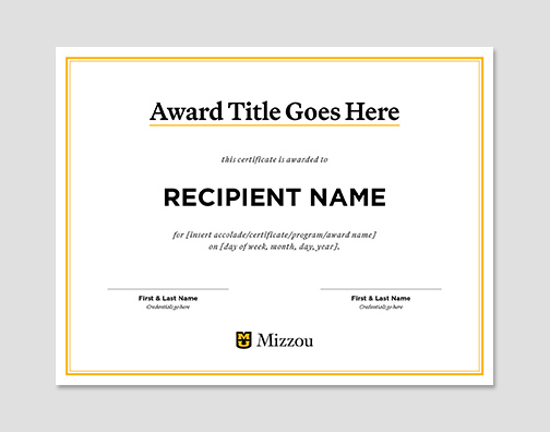Horizontal certificate template with gold border and horizontal signature centered in the footer.