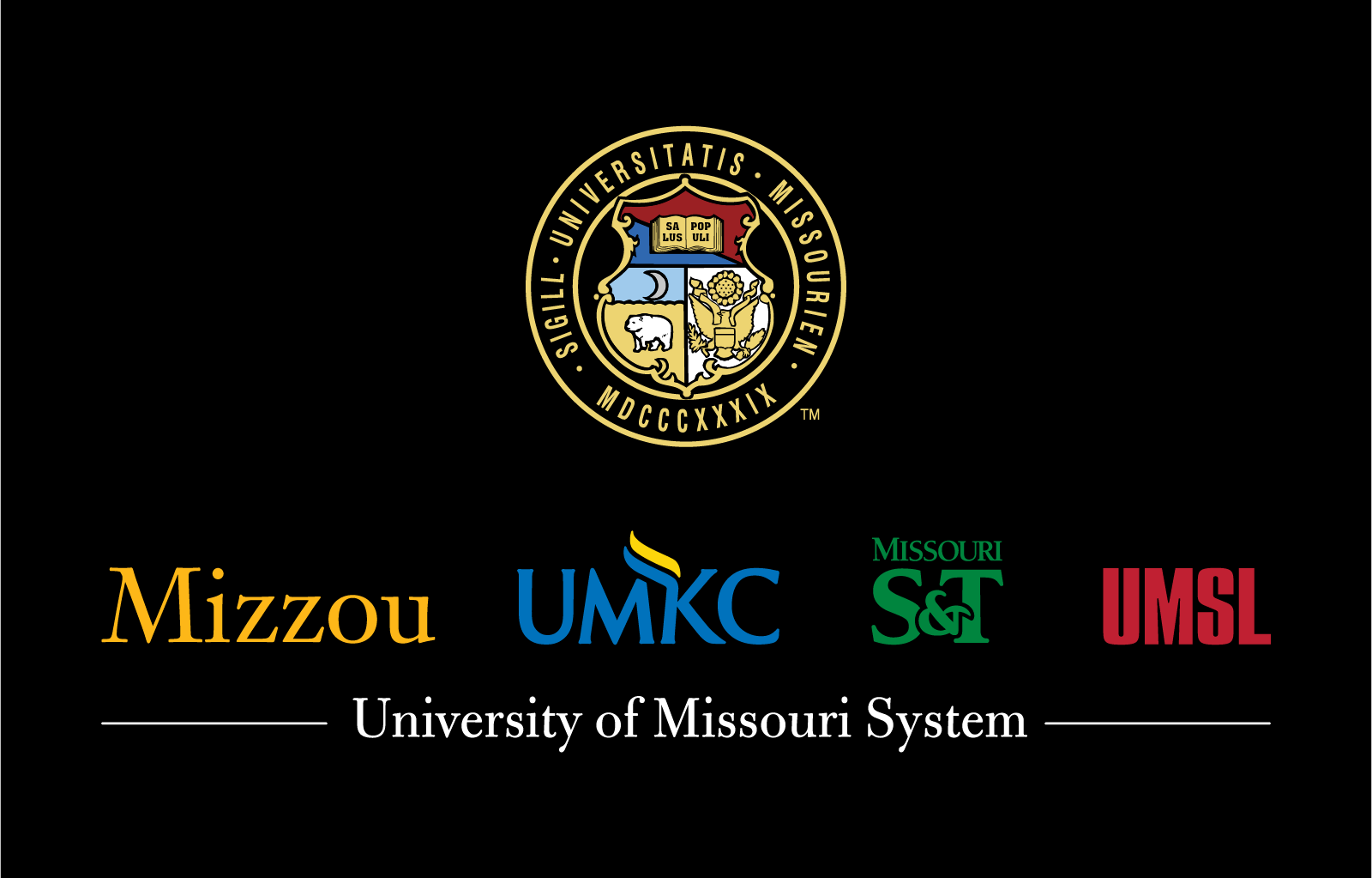 Vertical UM System logo lockup with the UM Seal above all four campus logos on black background.
