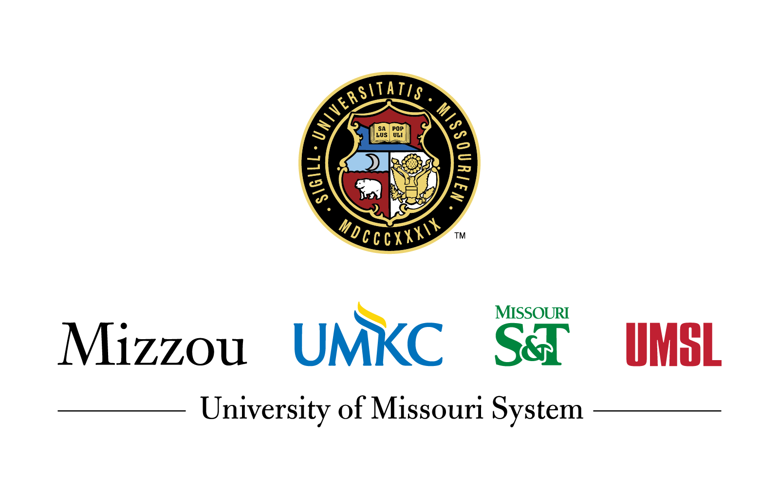 Vertical UM System logo lockup with the UM Seal above all four campus logos on light background.