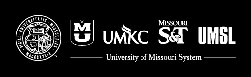 All white, horizontal UM System logo lockup with the UM Seal to the left of all four campus logos on a black background