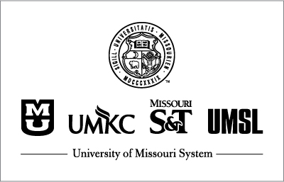 All black, vertical UM System logo lockup with the UM Seal above all four campus logos on light background. 