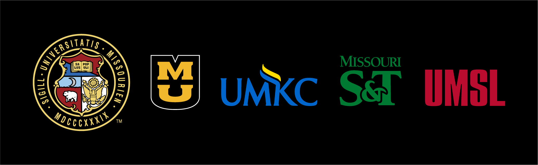 Horizontal UM System logo lockup without "University of Missouri System" text on dark background.