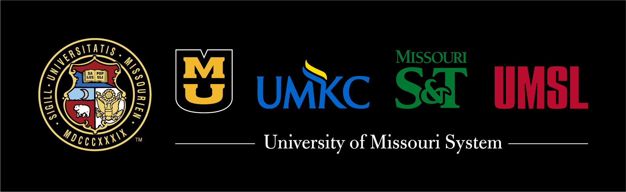 Horizontal UM System logo lockup with the UM Seal to the left of all four campus logos on dark background.