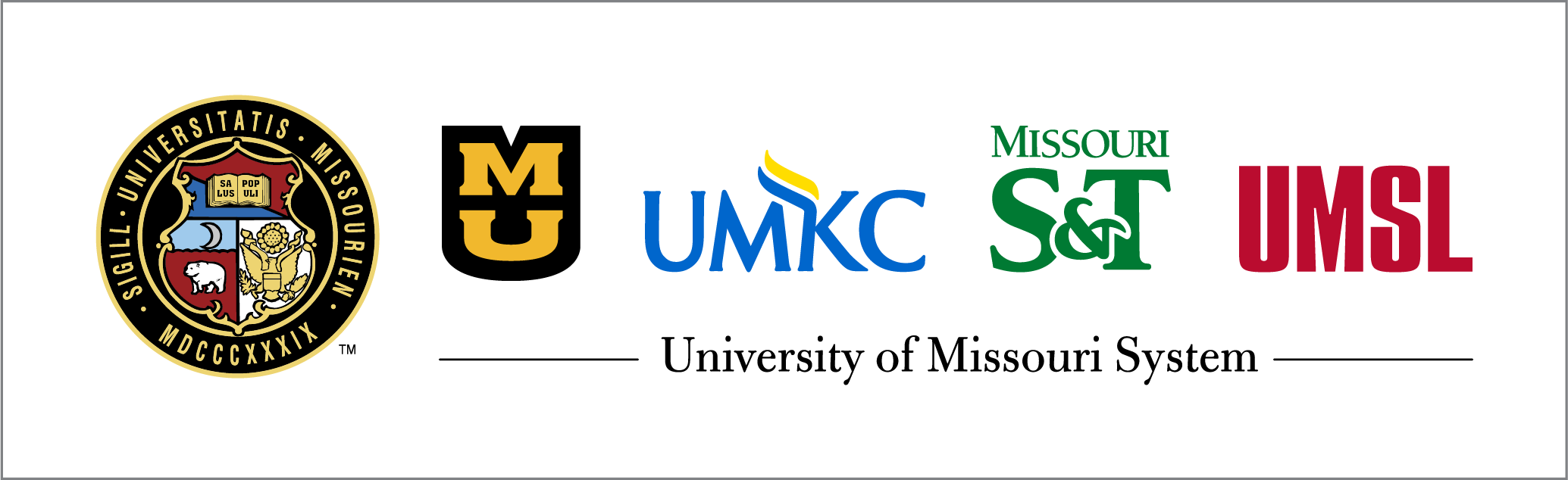 Horizontal UM System logo lockup with the UM Seal to the left of all four campus logos on light background.