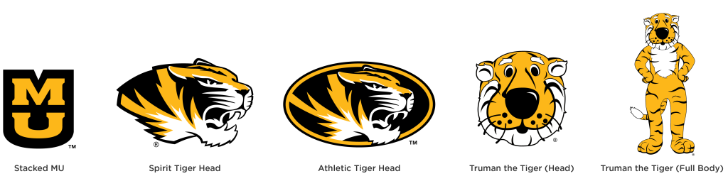 Five marks with trademark designations: Stacked MU ™, Spirit Tiger Head®, Athletic Tiger Head™, Truman the Tiger head and body®.