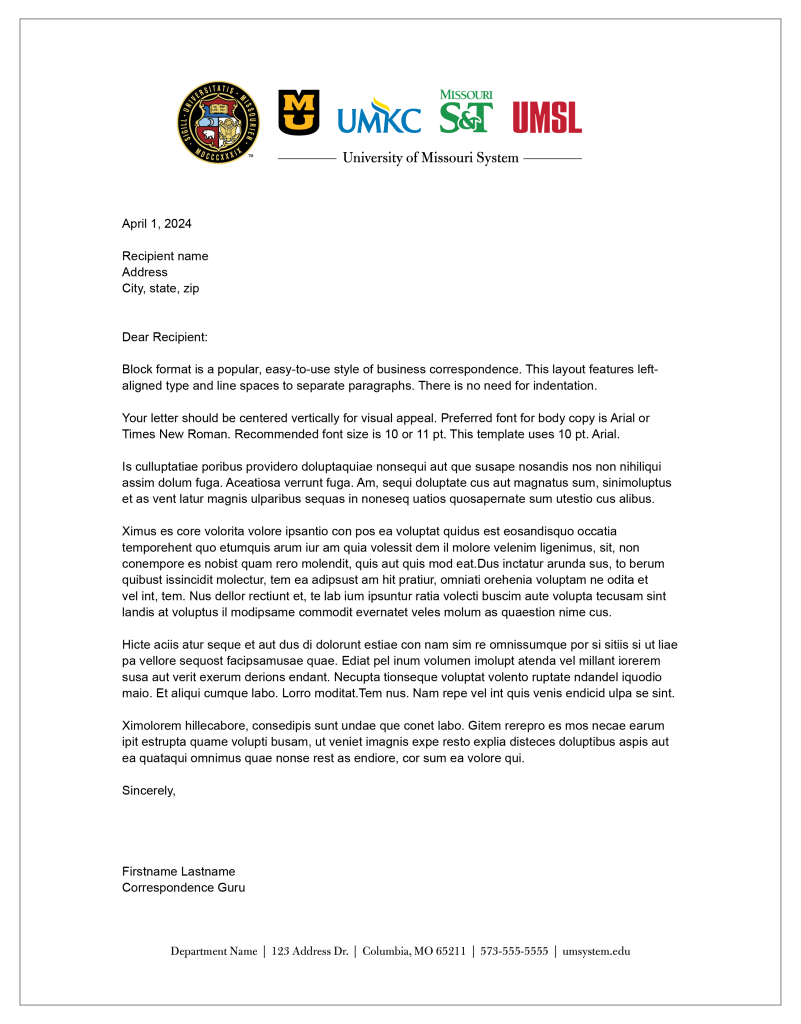 Letterhead with UM System logo lockup centered at top and department information at bottom. 
