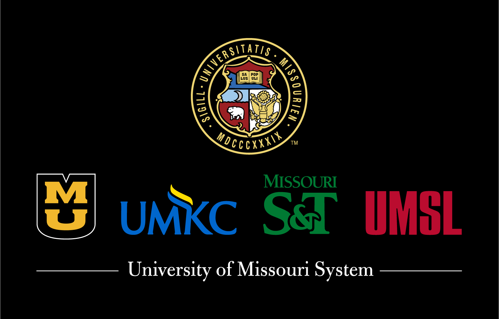 Vertical UM System logo lockup with the UM Seal above all four campus logos on black background.