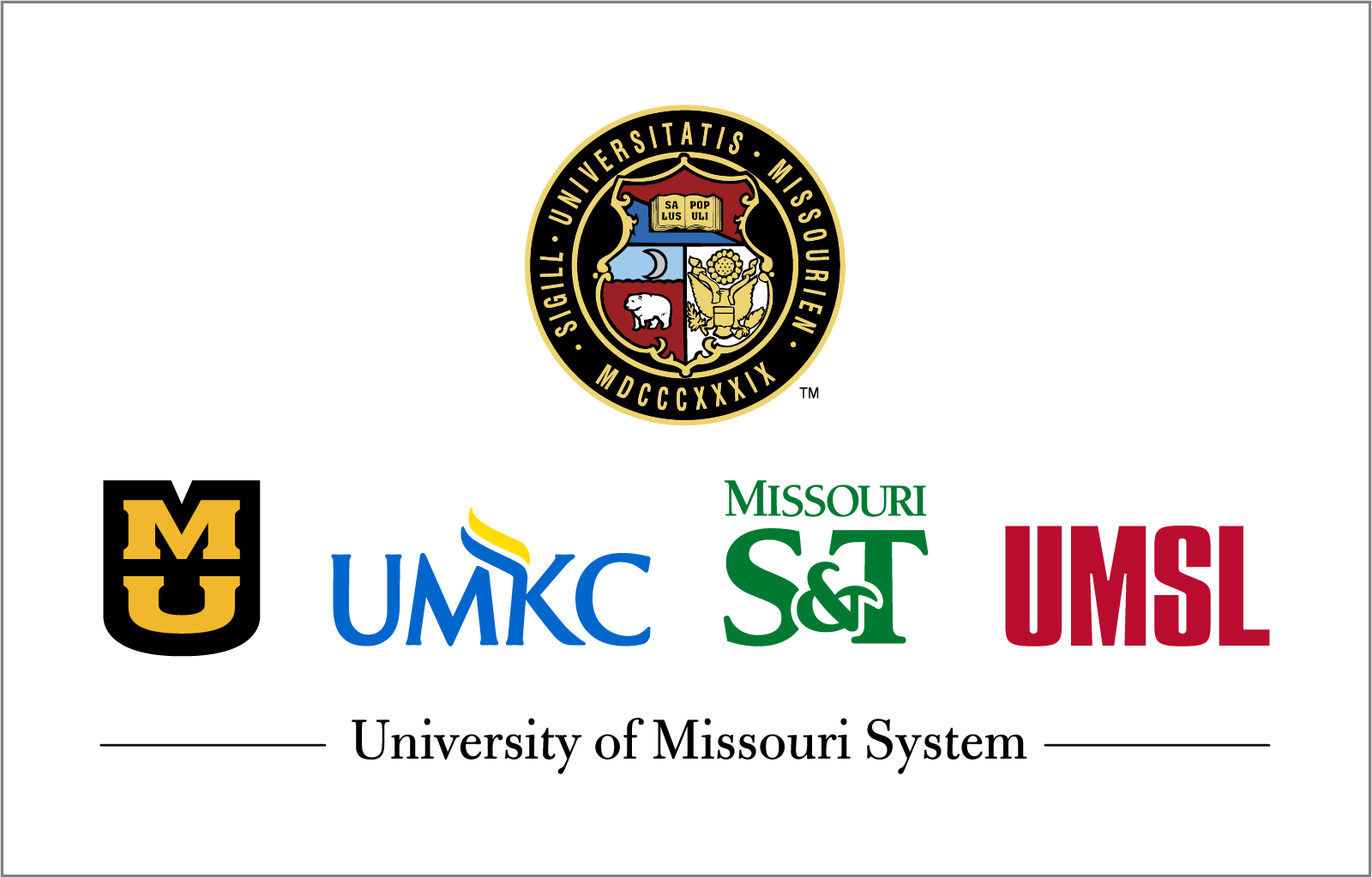 Vertical UM System logo lockup with the UM Seal above all four campus logos on light background. 