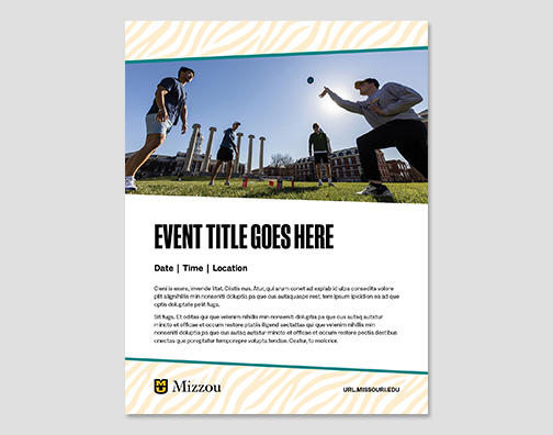 Flyer with tiger stripe header, footer and photo accent. 