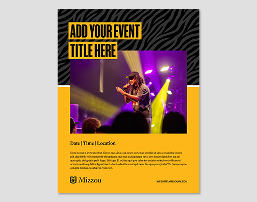 Flyer with black tiger stripe background, photo, and large event title. 