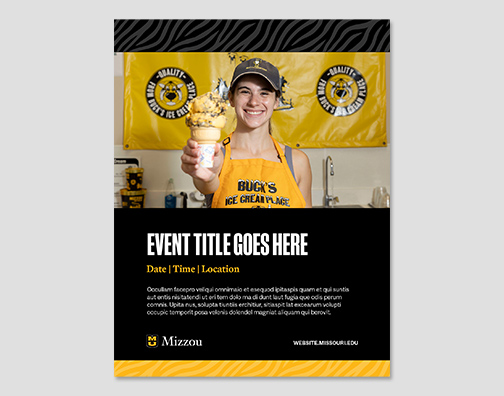 Large photo, tiger stripe header and footer, event title, dark background.