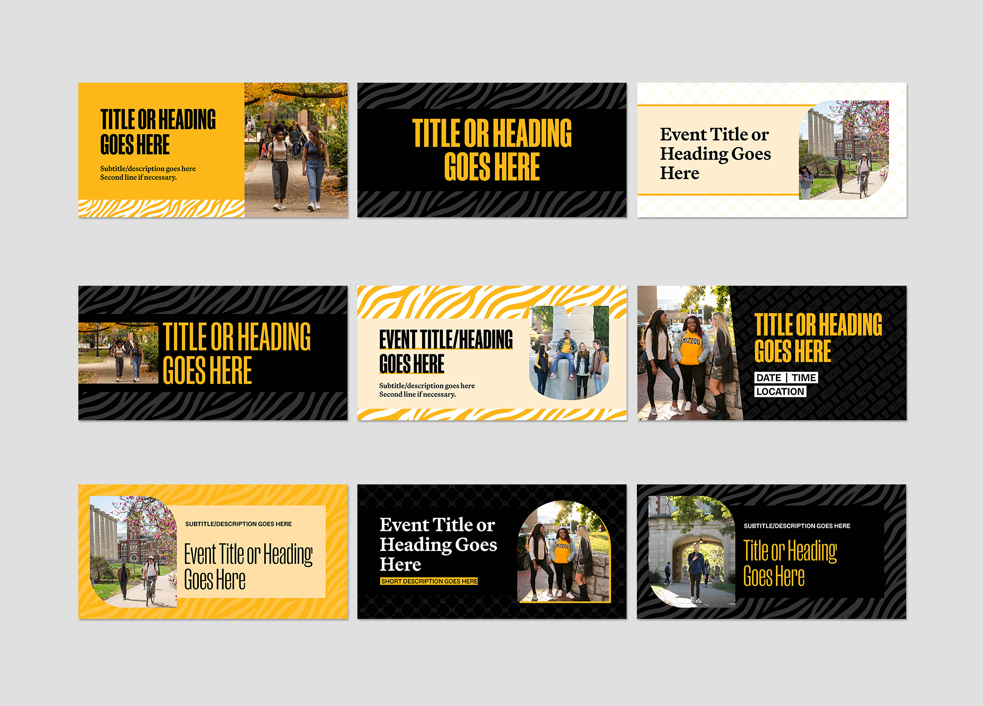 Nine MU Engage designs with dark and light backgrounds and Mizzou branding. 