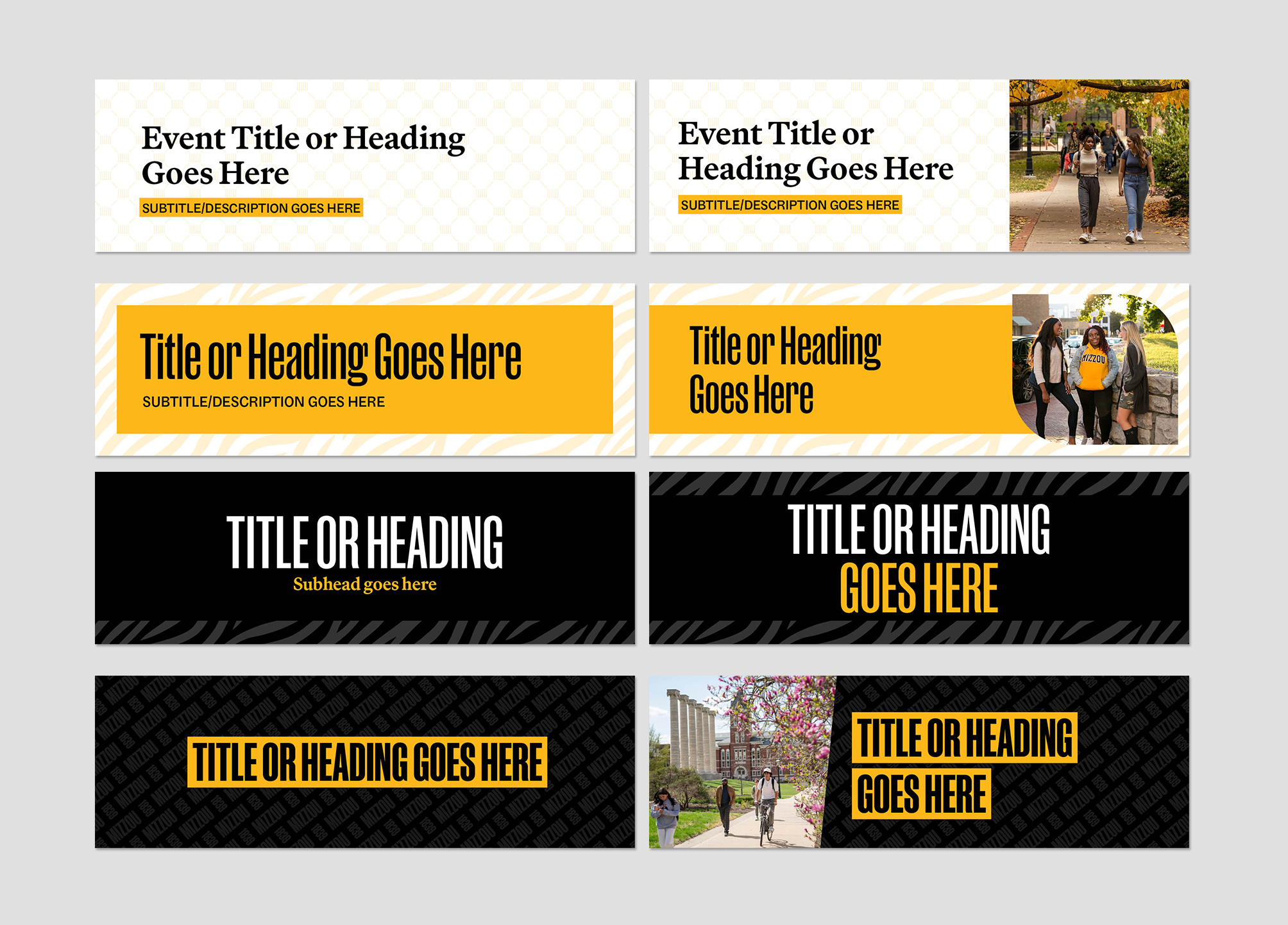 Eight MizzouOne designs with dark and light backgrounds and Mizzou branding. 