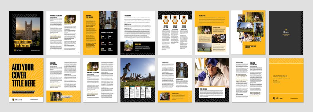 Sample of Mizzou-branded covers, interior pages and back covers. 