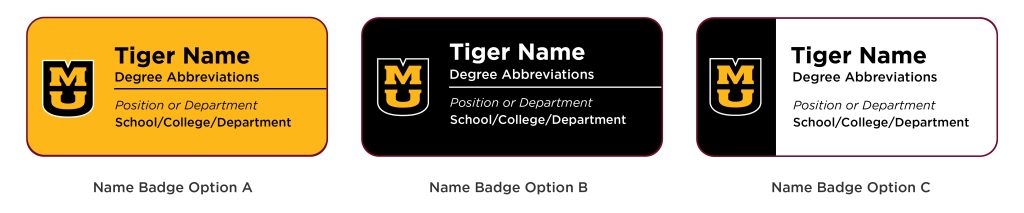 Three badge designs with the Stacked MU mark on the left.