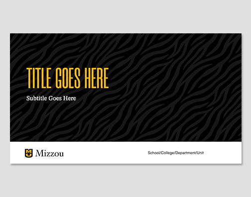 Black tiger stripe background with gold headline and white footer with logo.