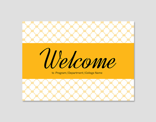 Welcome card with script text and columns background.
