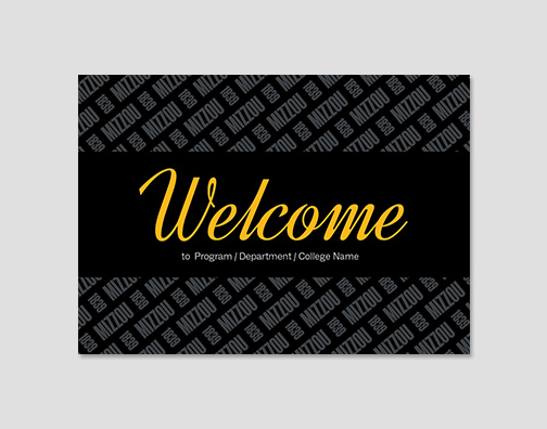 Welcome card with script text and alternate Mizzou 1839 pattern.
