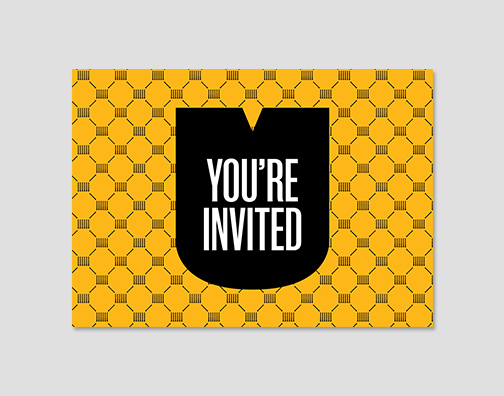 You're invited card with shield container and columns pattern.