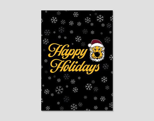 Holiday card with black background, snowflakes and Truman head in santa hat.