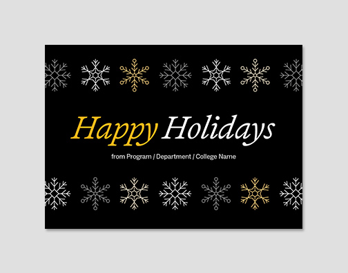 Holiday card with gray background and snowflakes.