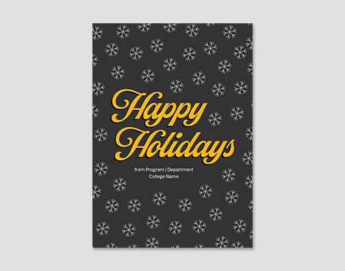 Holiday card with gray background and snowflakes.