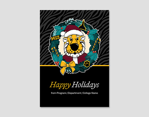 Holiday card with Truman head inside a wreath.